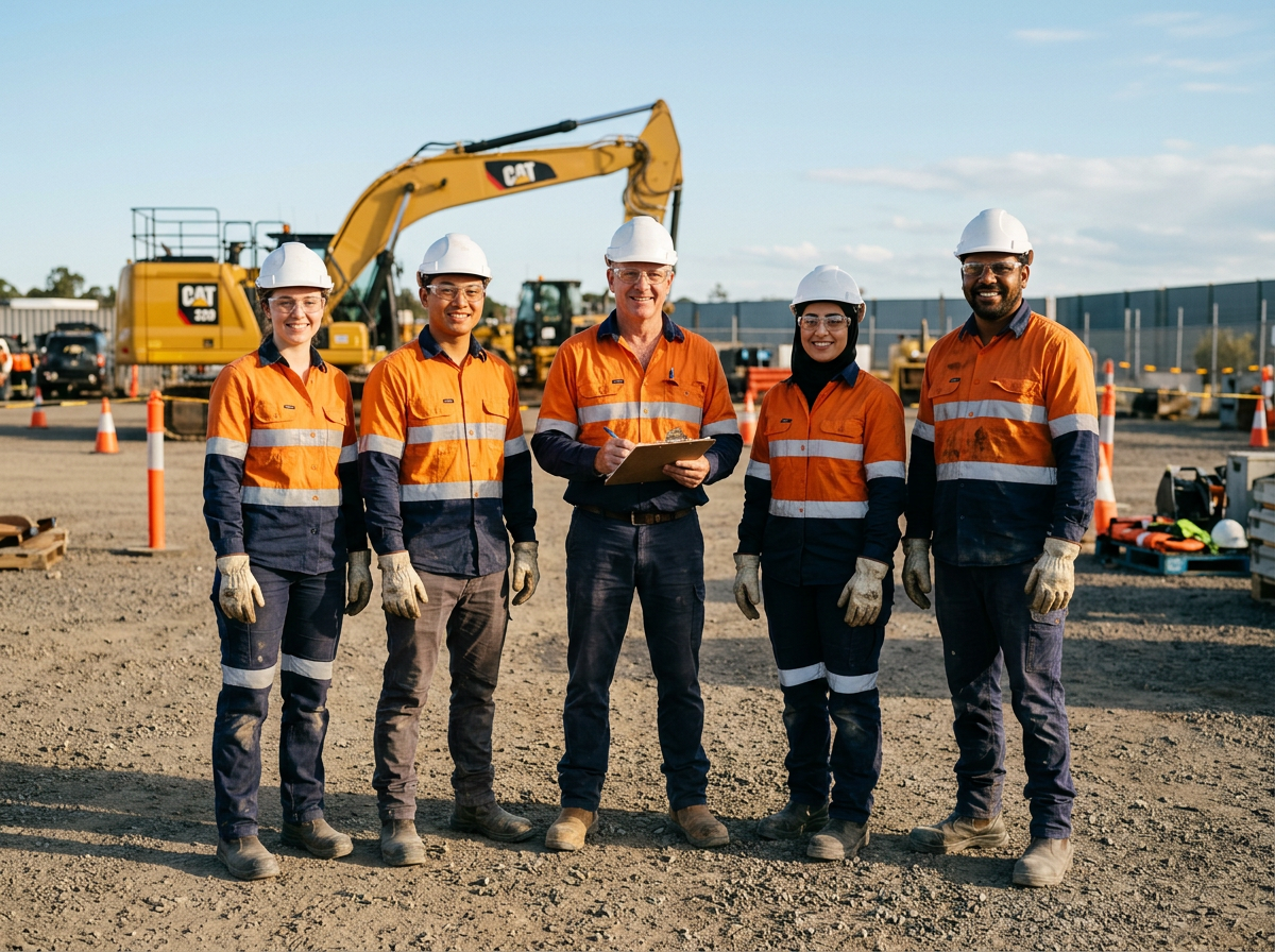 Group of civil construction trainees and their trainer in hi-vis and hard hats at a training yard